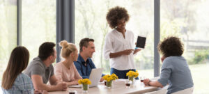 Image of a startup team discussing business.