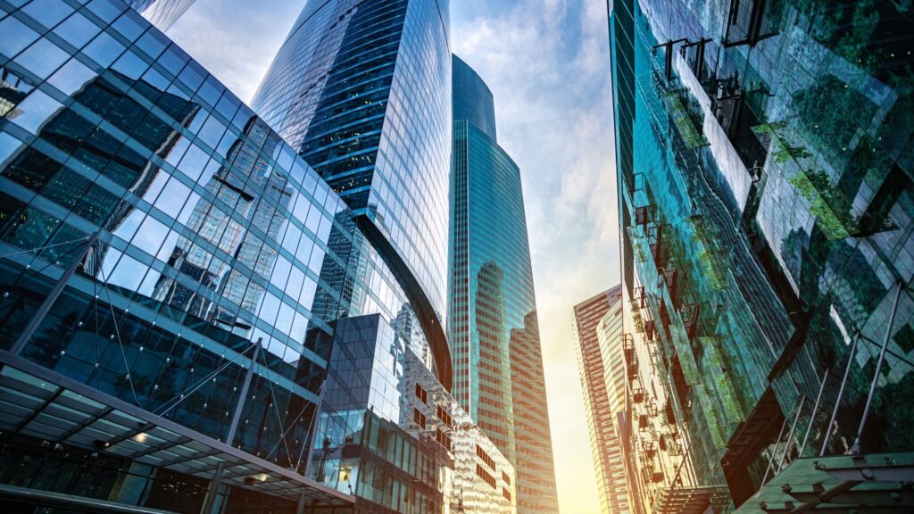 exterior of highrise corporate buildings