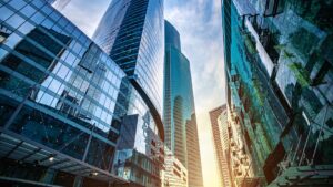 exterior of highrise corporate buildings