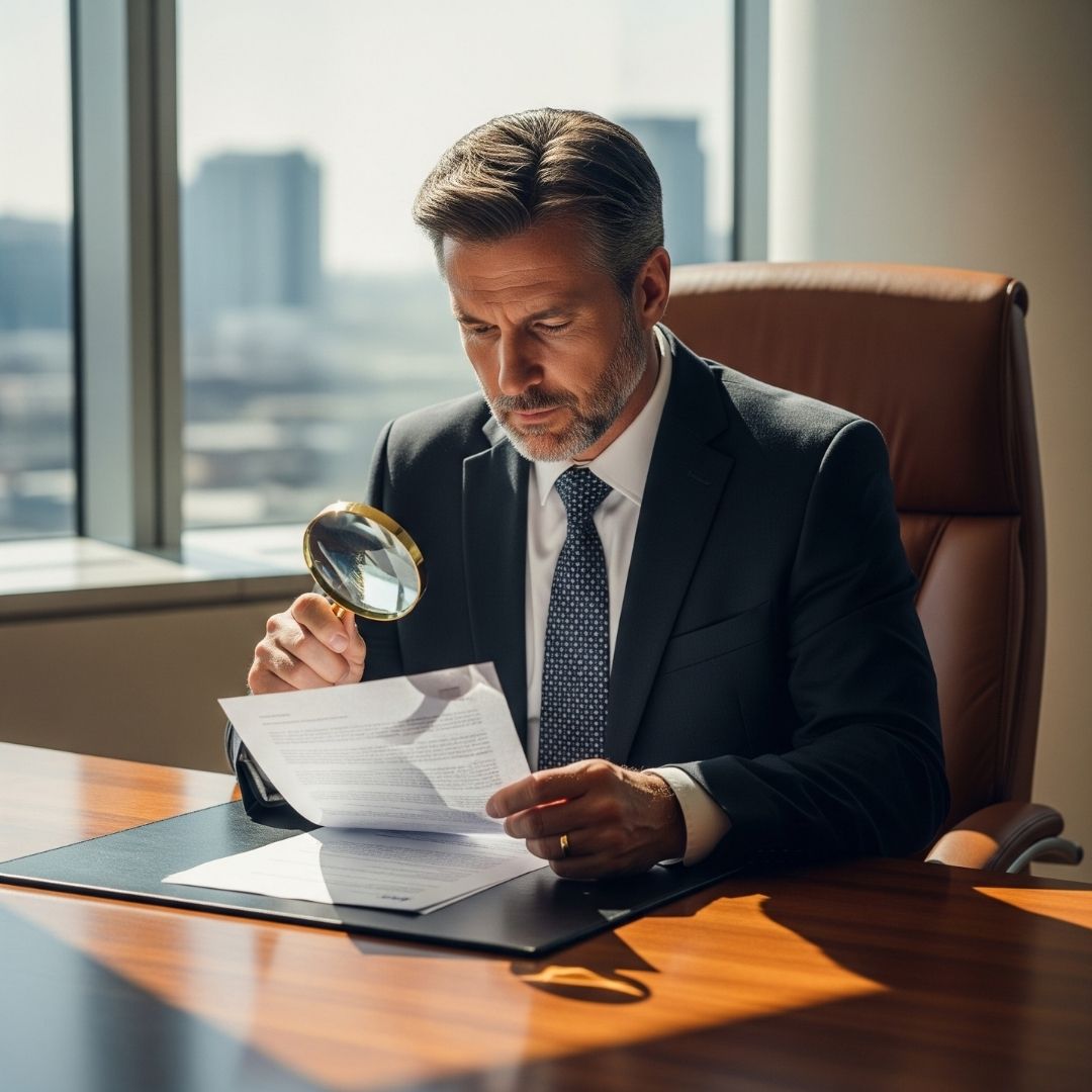 person in business attire using a magnifying glass to inspect a legal document