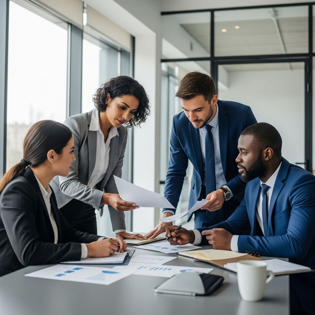 diverse group of business professionals in a bright, modern office, reviewing documents