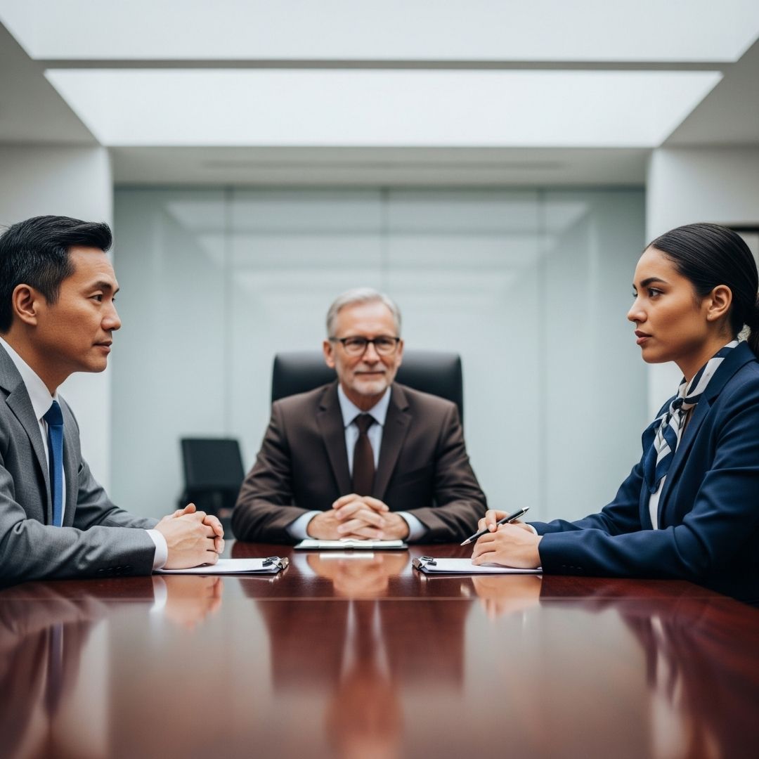 Two business people negotiating across a modern conference table