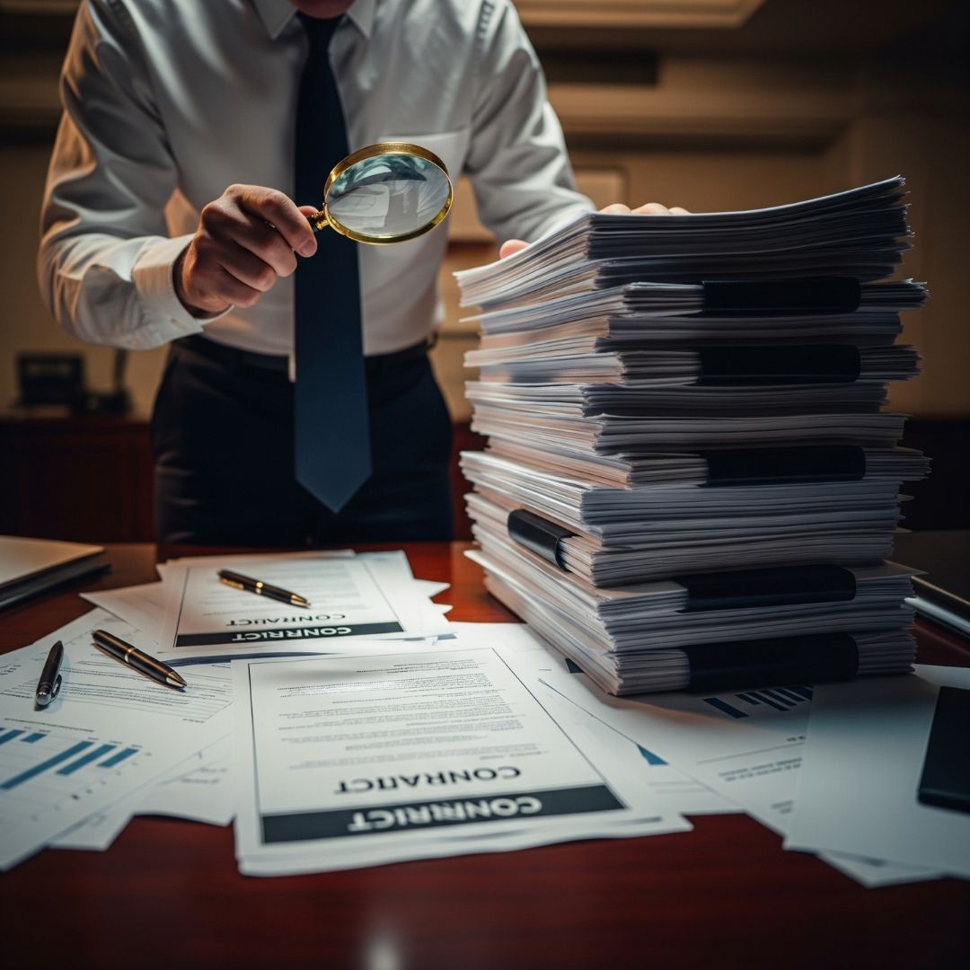 magnifying glass closely inspecting a stack of legal and financial documents