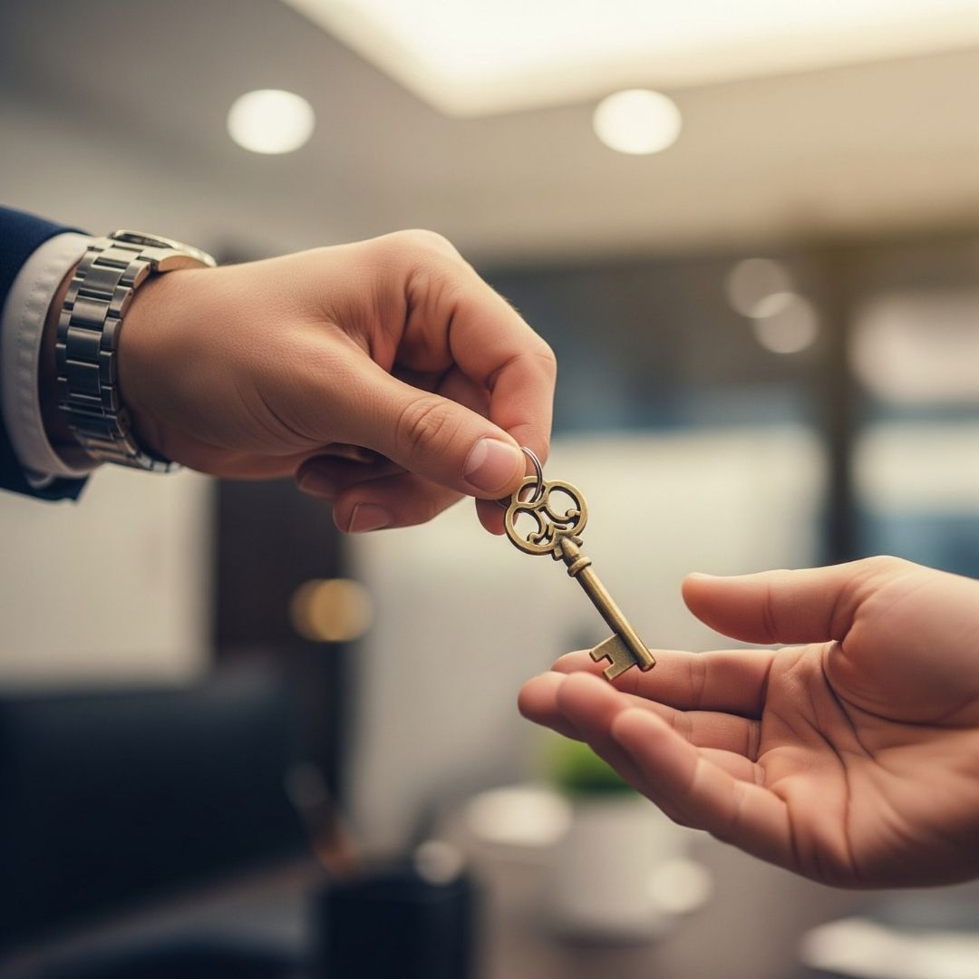 close-up shot of one hand passing a key to another, symbolizing the transfer of business ownership