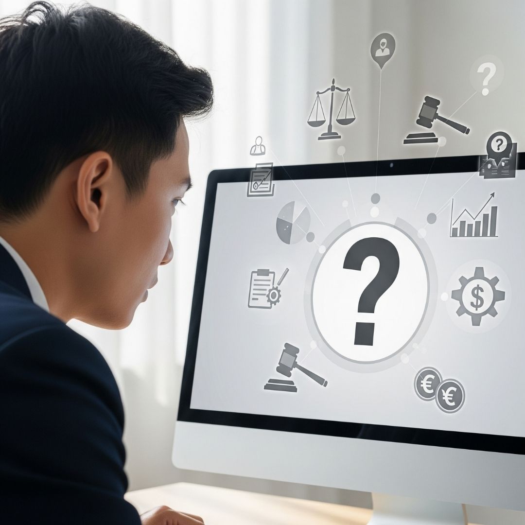 person looking at a question mark on a computer screen, representing frequently asked questions