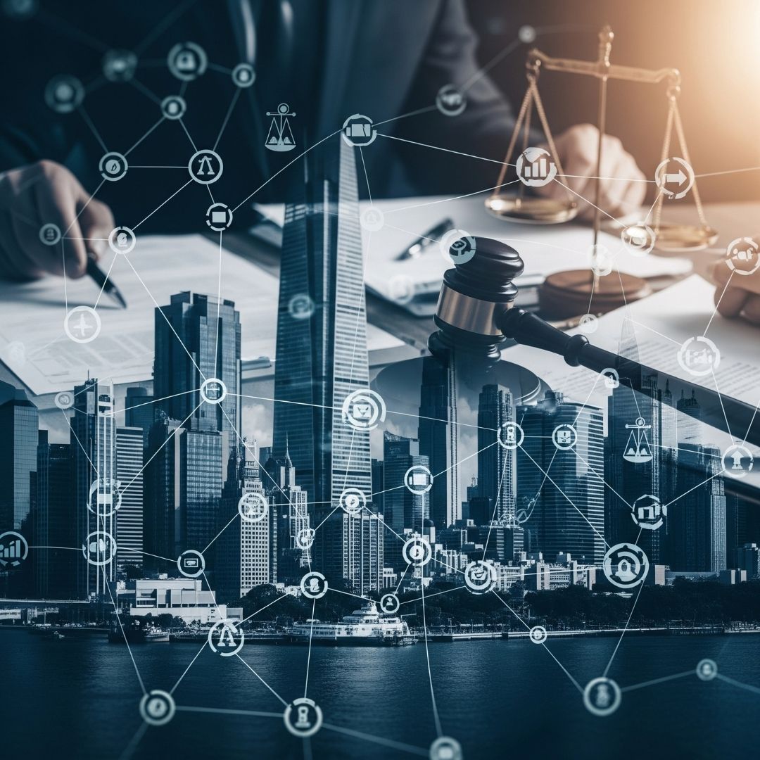 graphic showing the city over a business lawyer paperwork