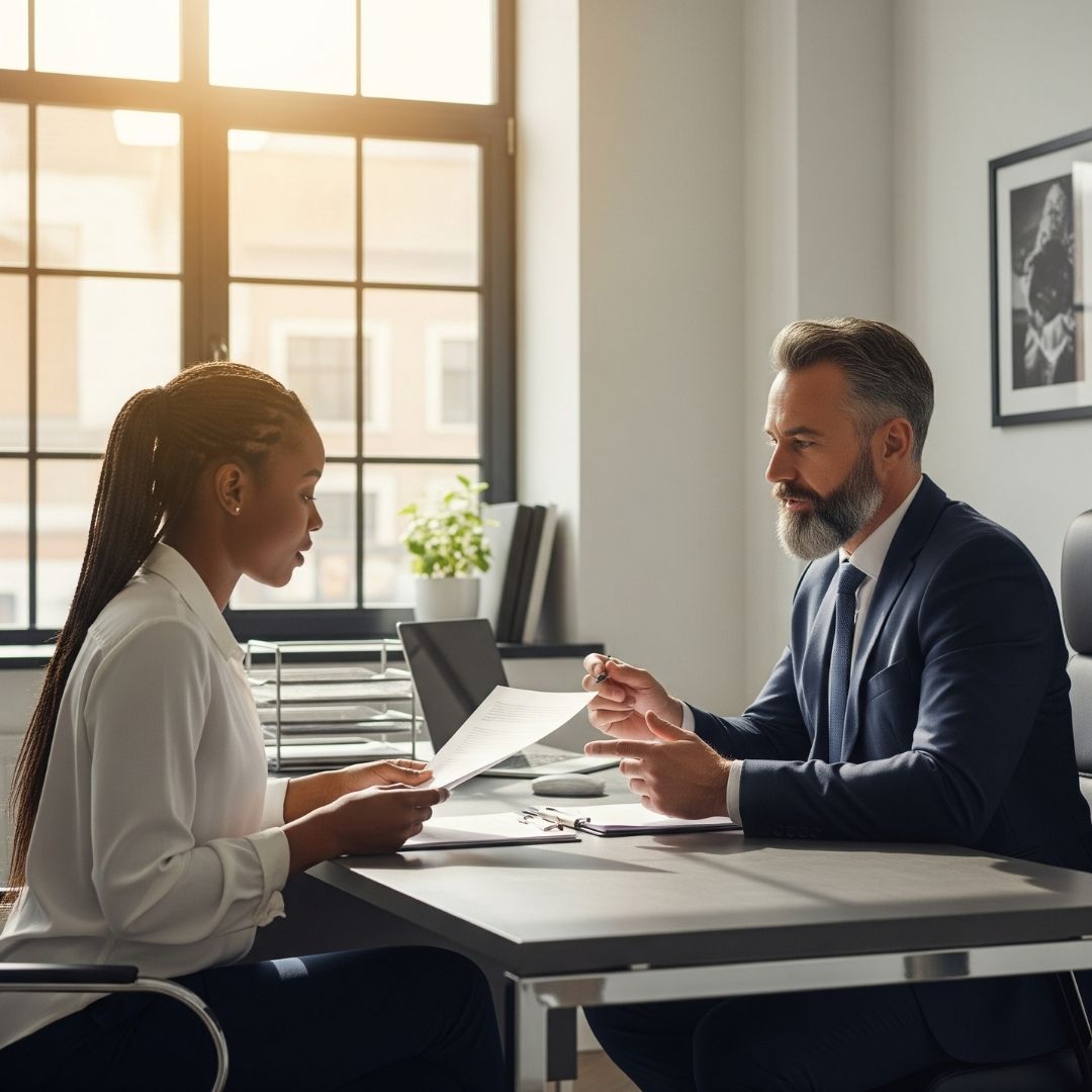 client and a lawyer sitting at a desk in a professional office