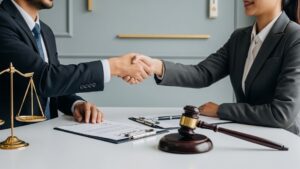 Two business professionals shaking hands across a desk