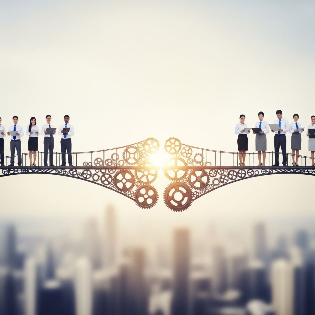 Two business teams merging together, symbolized by a bridge of interlocking gears