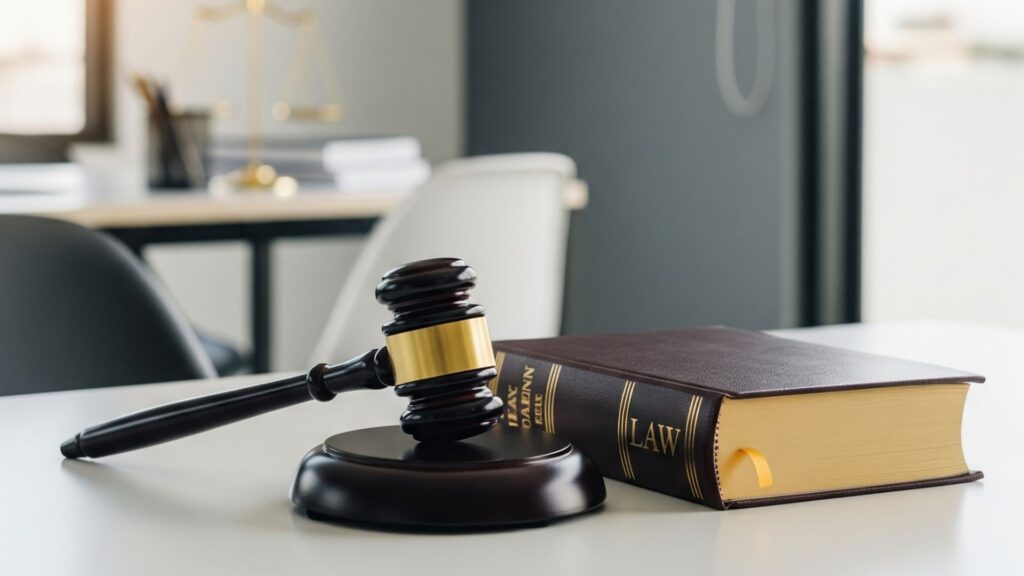 photo of a gavel and a law book on a modern office desk