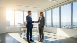 Two professionals shaking hands in a modern San Francisco office